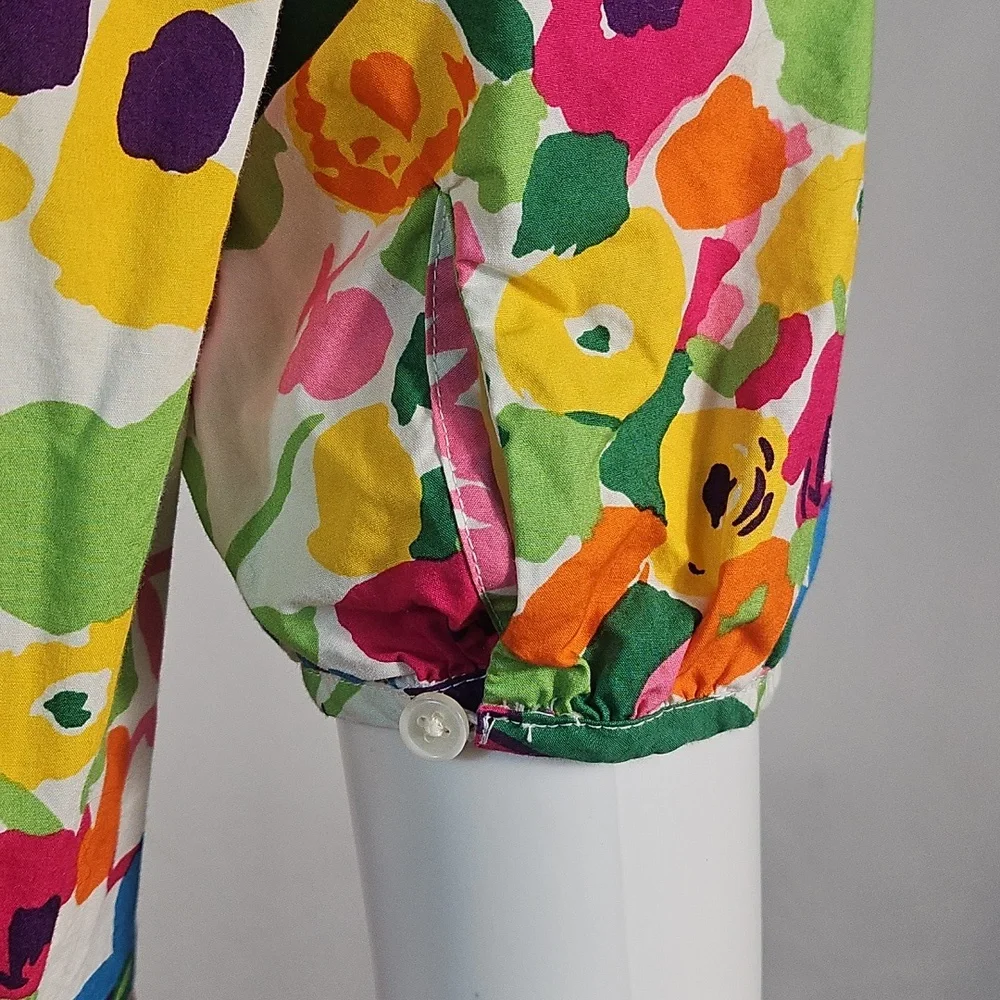J. Crew 100% Cotton Vibrant Multi-Color Floral Puff Sleeve Ruffle Hem Dress - Picture 13 of 16